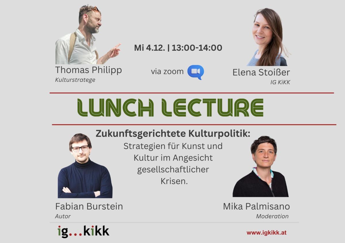Zukunftsgerichteter Kulturpolitik: Welche Rolle spiele Kulturstrategien für Kunst und Kultur in stürmischen Zeiten. Mit Thomas Philipp, Fabian Burstein, Elena Stoißer, Mika Palmisano.