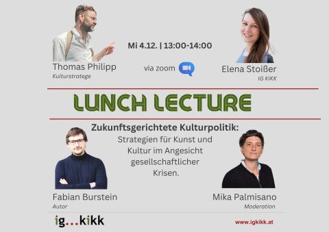 Zukunftsgerichteter Kulturpolitik: Welche Rolle spiele Kulturstrategien für Kunst und Kultur in stürmischen Zeiten. Mit Thomas Philipp, Fabian Burstein, Elena Stoißer, Mika Palmisano.