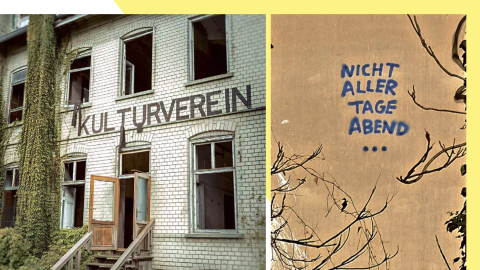 Collage - verlassenes Kulturgebäude, Graffiti "nicht aller Tage Abend" © Bettina Mair