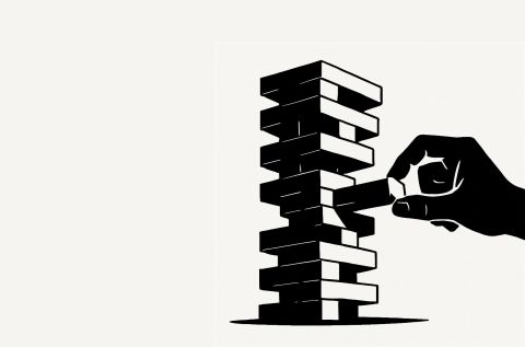 Jenga Spiel, bei dem jeder weitere Zug den Turm zum Einstürzen bringt; Bild erstellt mit Unterstützung von KI / ChatGPT